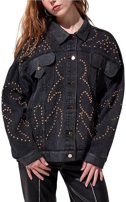 Women's Gold Studded Black Denim Jacket Oversized Women's Gold Studded Black Denim Jacket Oversized
