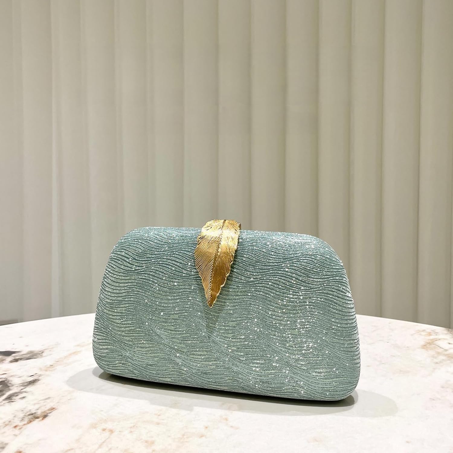 Women's Green Glitter Evening Clutch with Gold Chain