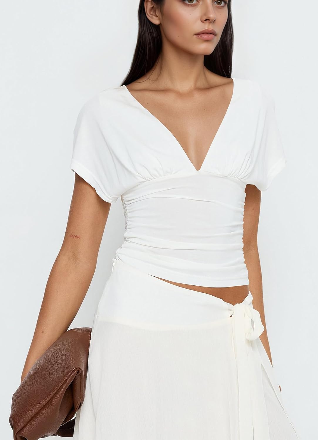 Women's Deep V Neck Ruched Waist Crop Top White