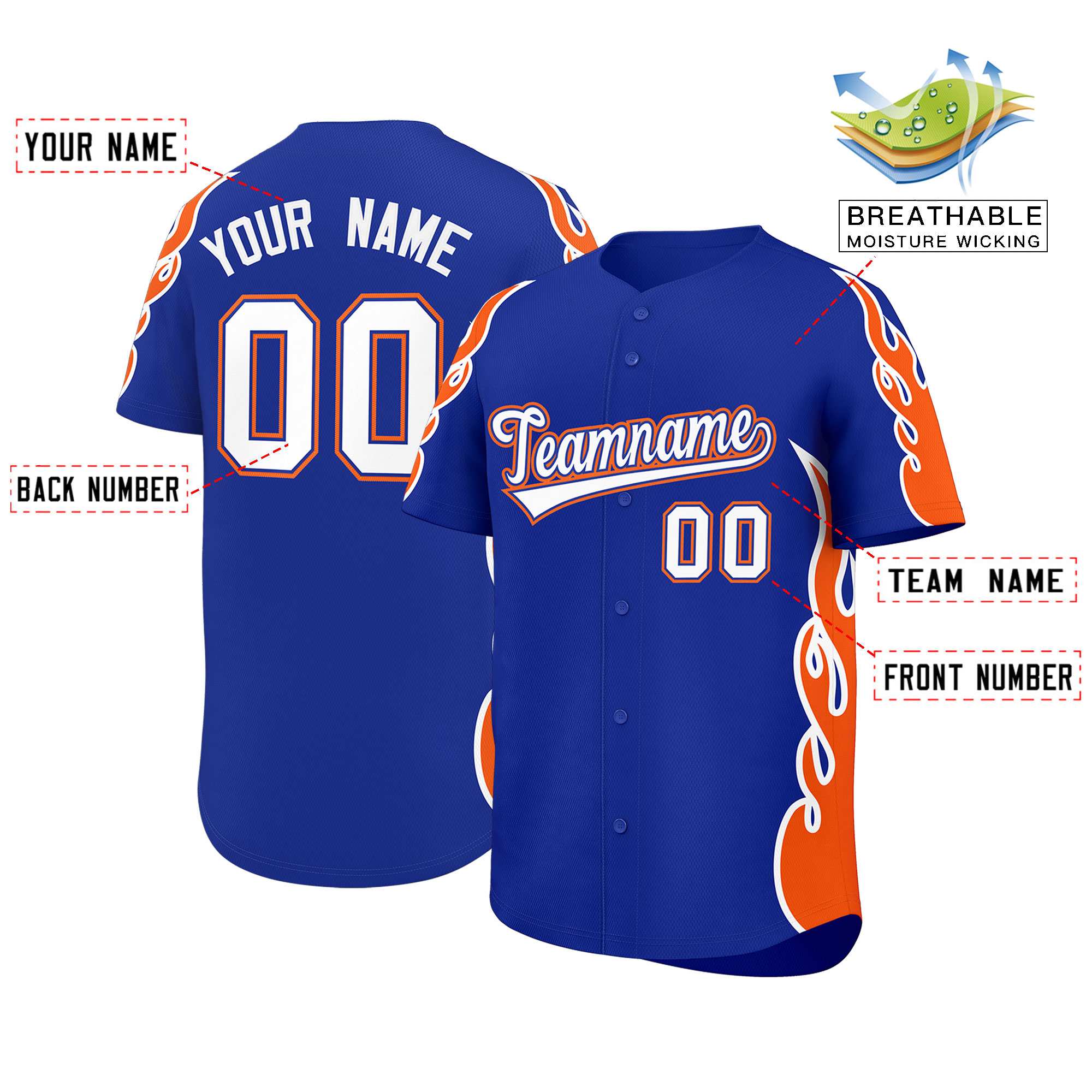 Benutzerdefiniertes Baseball-Trikot mit Seitenflammen-Umrissmuster für Sportuniformen