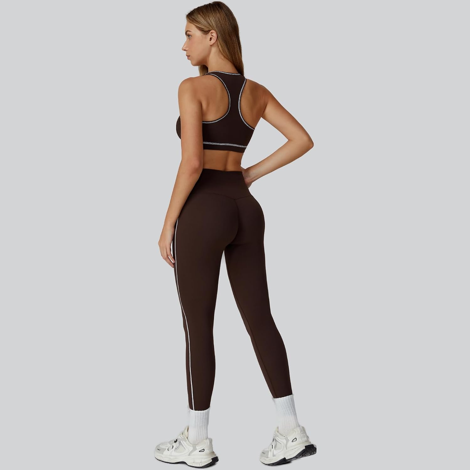 Women's 3 Piece Zip Jacket Bra Leggings Set Coffee