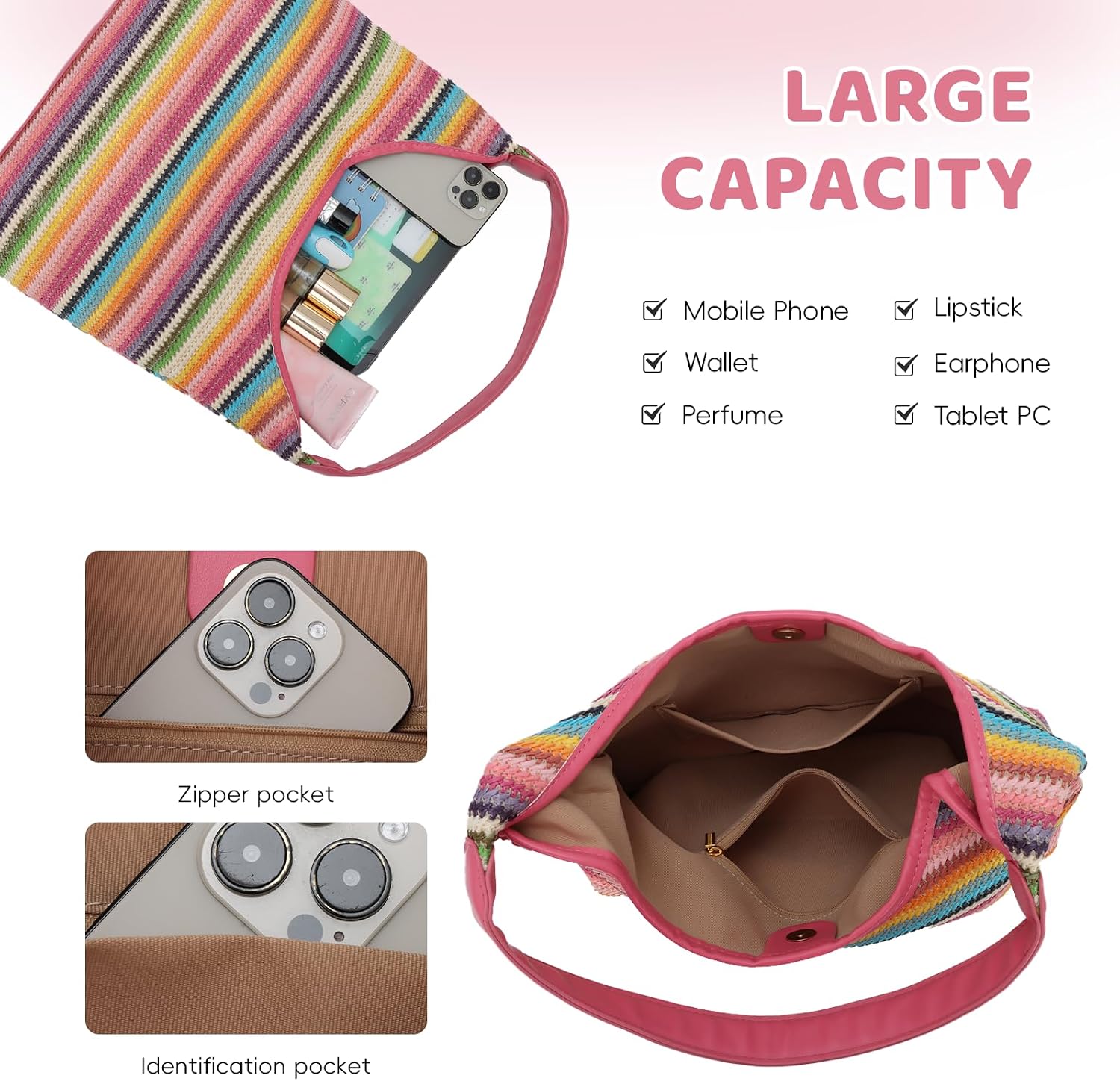 Women's Striped Woven Hobo Tote Bag Multicolor Women's Striped Woven Hobo Tote Bag Multicolor