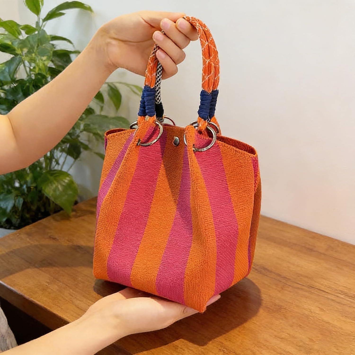 Women's Knit Striped Mini Bucket Tote Orange