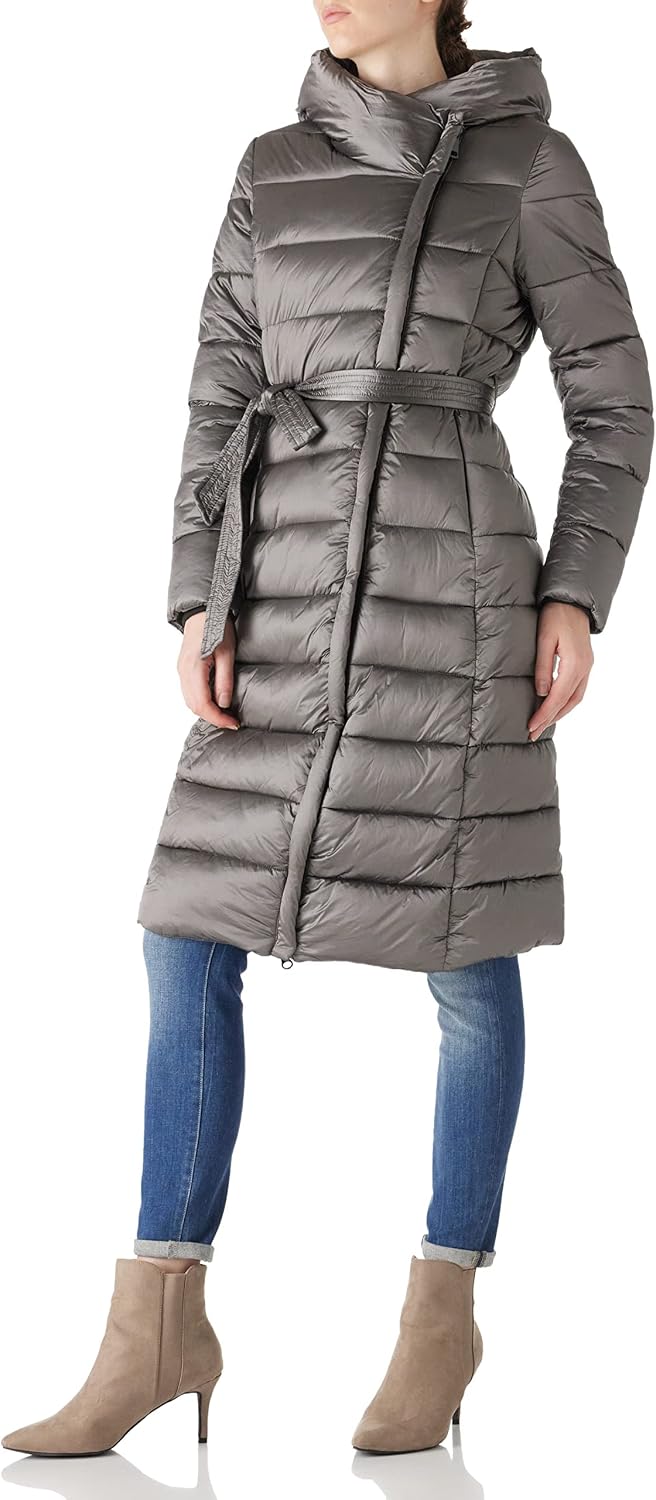 Women's Long Belted Puffer Coat High Neck Charcoal