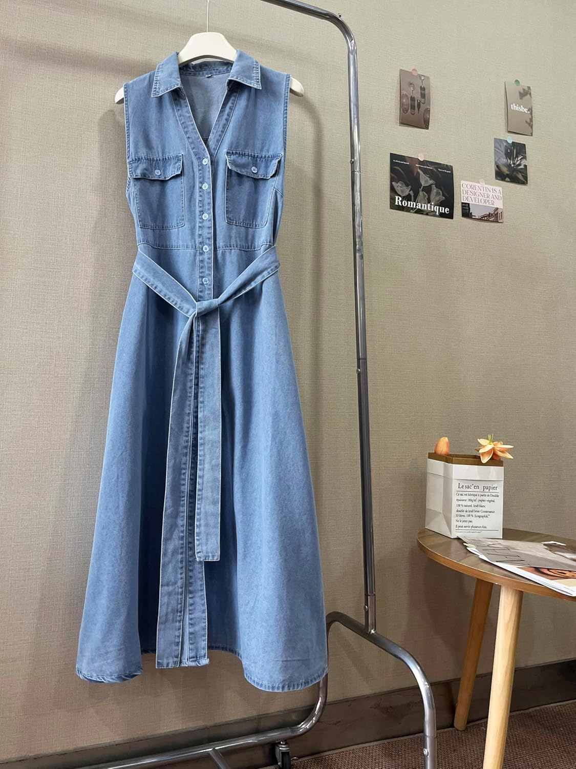 Womens Summer Casual Belted Sleeveless Denim Shirt Dresses Button A-Line Swing Jean Long Dress