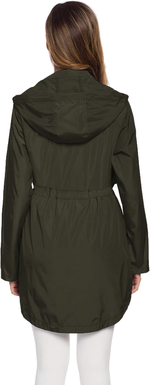 Women's Packable Long Rain Jacket Hooded Waterproof Army Green