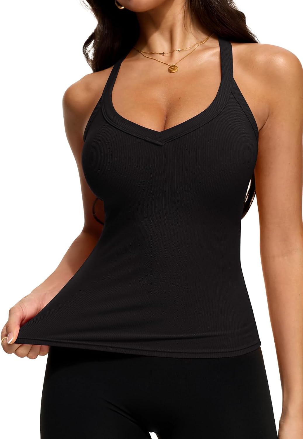 Women's Ribbed V Neck Racerback Tank Top Black