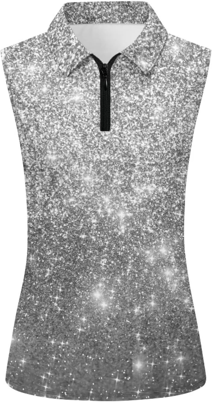 Women's Glitter Print Sleeveless Golf Polo Zip Collar