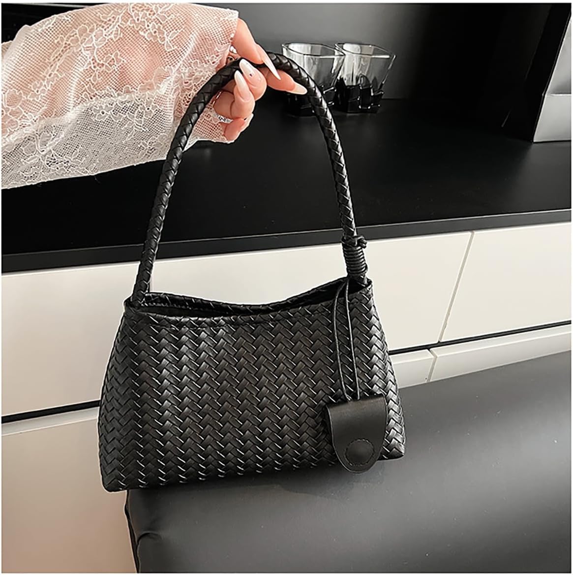 Women's Woven Faux Leather Hobo Tote Bag Black Women's Woven Faux Leather Hobo Tote Bag Black