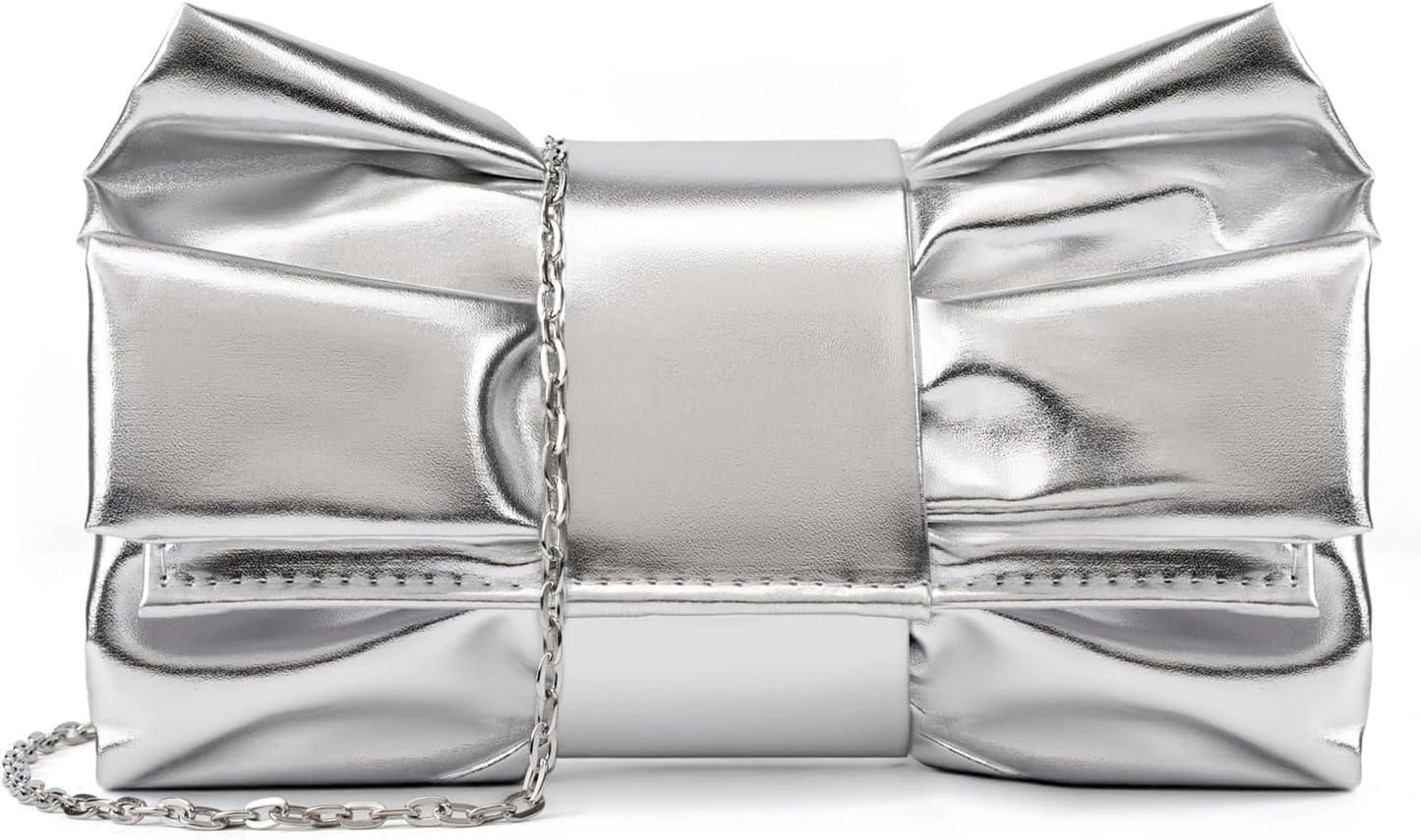 Women's Metallic Bow Clutch Silver Evening Bag with Chain Women's Metallic Bow Clutch Silver Evening Bag with Chain