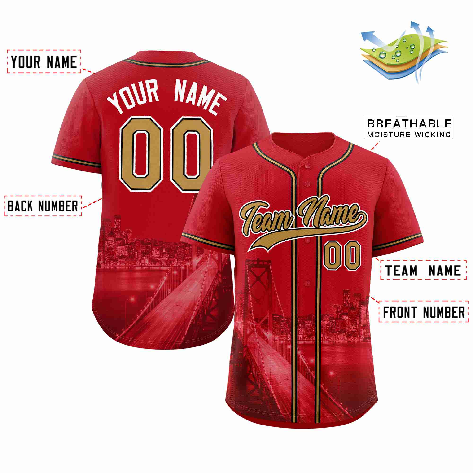 Benutzerdefinierte altgold-schwarze San Francisco City Skyline Baseball-Trikot