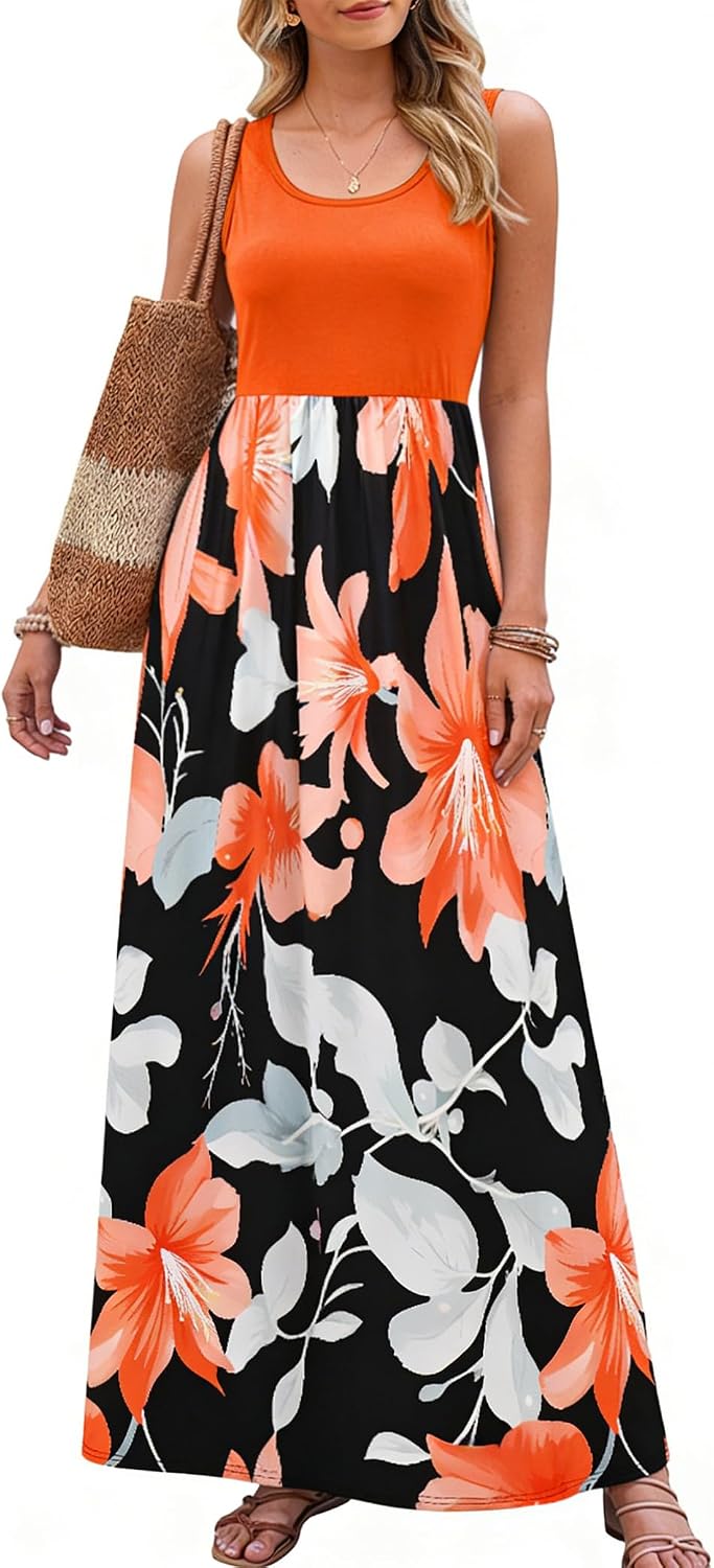 Women's Floral Print Maxi Dress Tank Scoop Neck Orange
