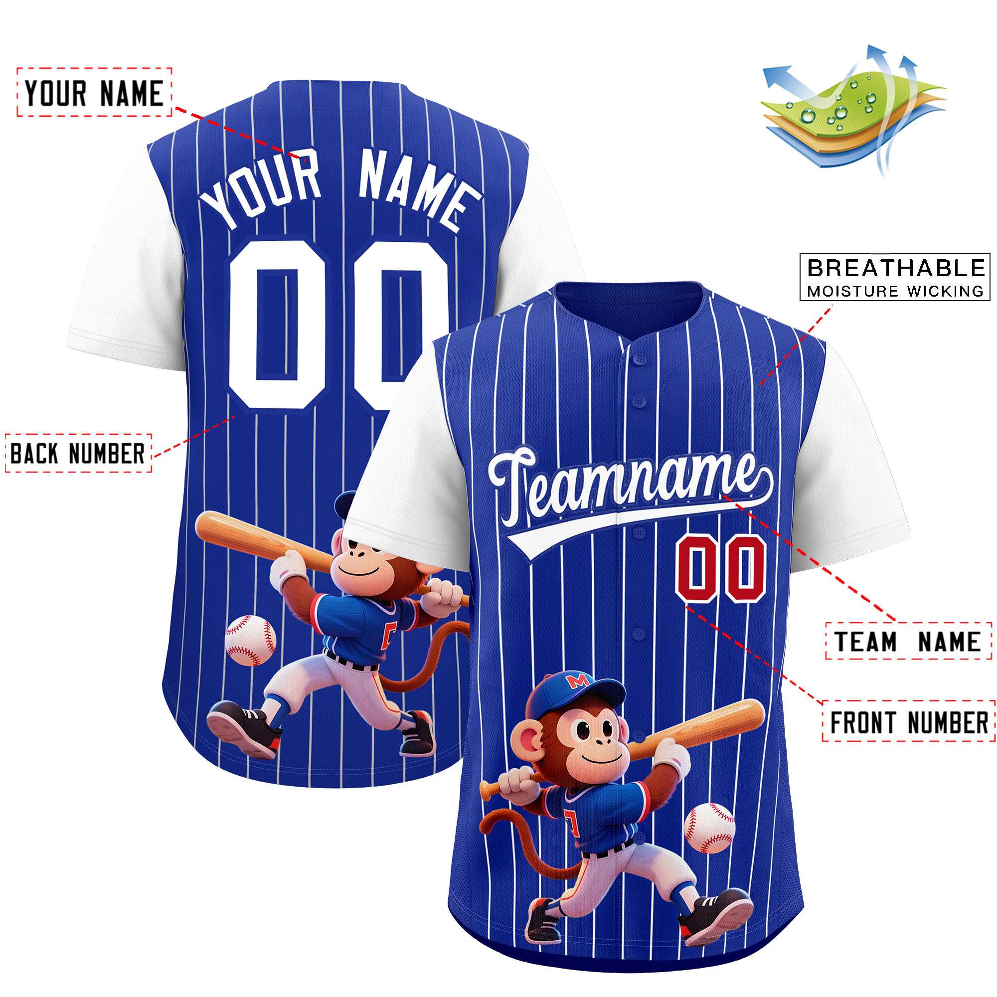 Authentisches Baseball-Trikot mit individuellem Streifen-Tiere-Graffiti-Muster, Raglanärmeln Authentisches Baseball-Trikot mit individuellem Streifen-Tiere-Graffiti-Muster, Raglanärmeln