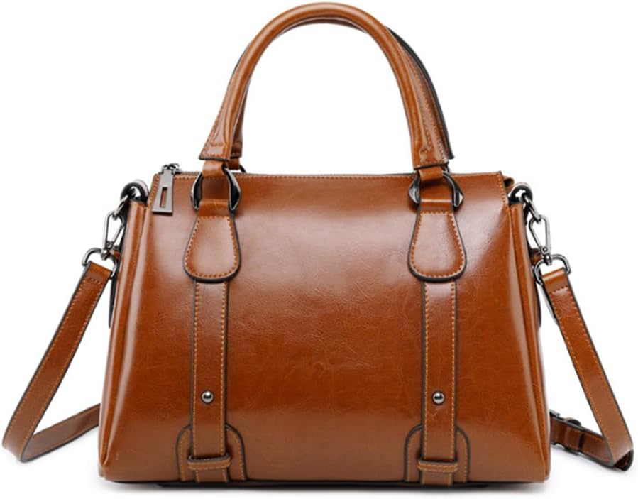 Women's Glossy Oil-Tanned Leather Top Handle Satchel Tan