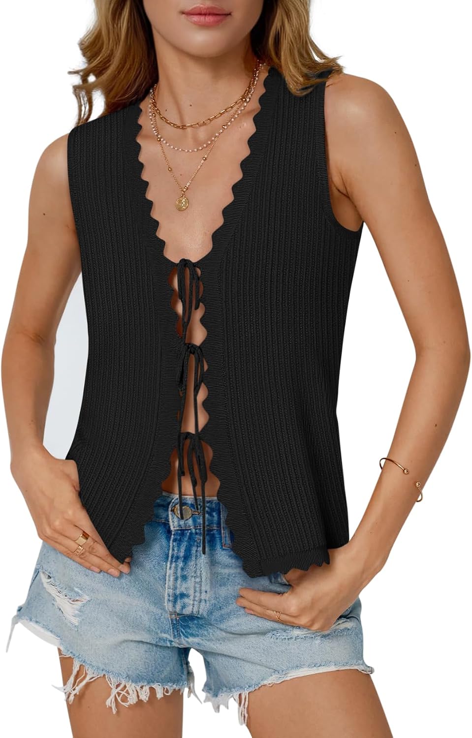 Women's Scalloped Tie Front Sweater Vest