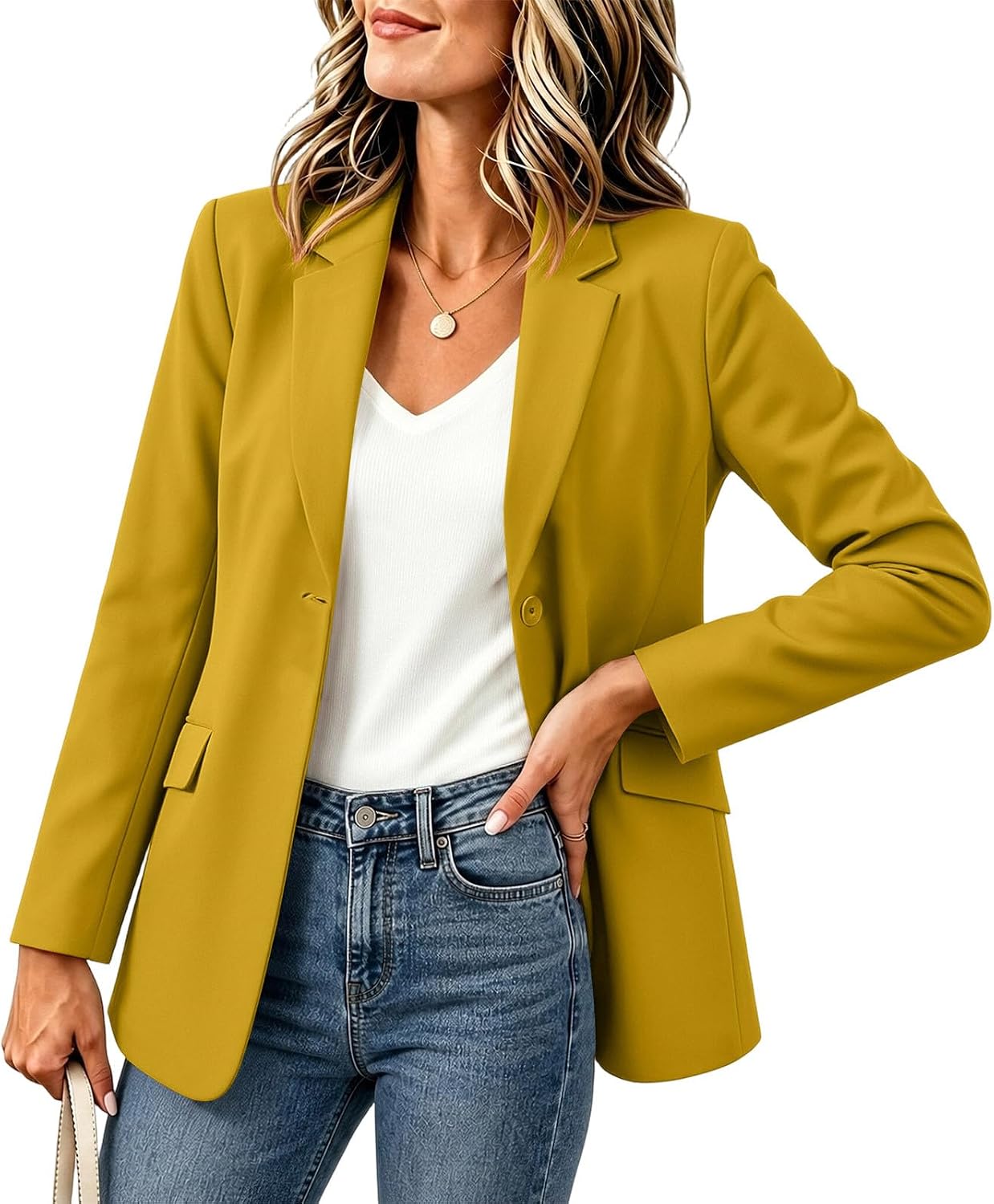 Women's One Button Blazers Business Casual Long Sleeve Suit Jackets Blazer for Women Down Notch Lapel with Pockets Solid Work Office Jacket Coats