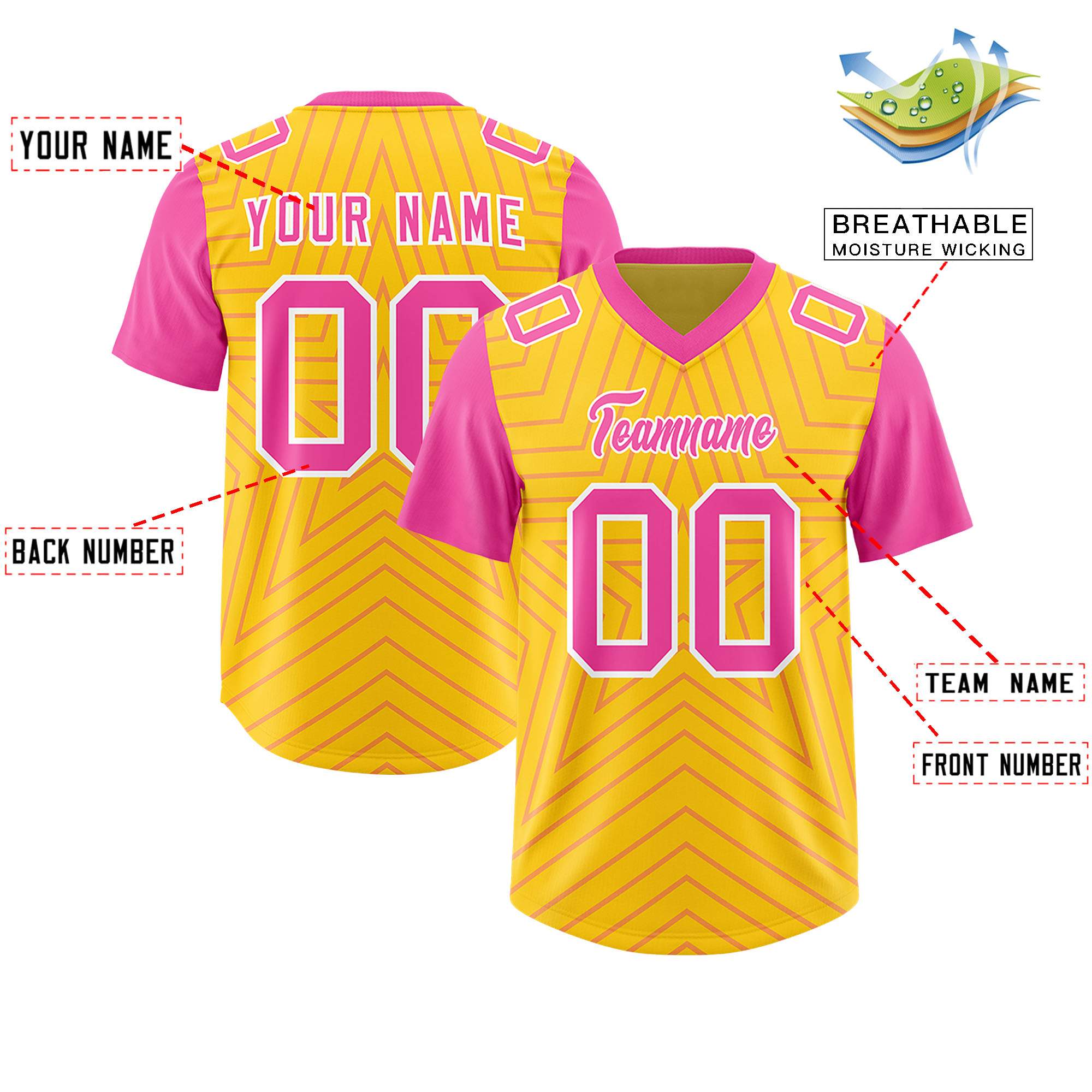 Individuell personalisiertes, authentisches Fußballtrikot mit Raglanärmeln und Sternenmuster