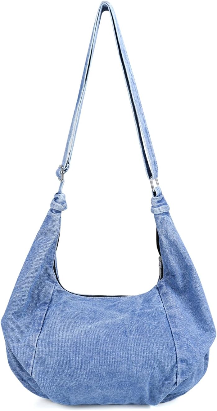 Women's Denim Crescent Crossbody Bag with Adjustable Strap