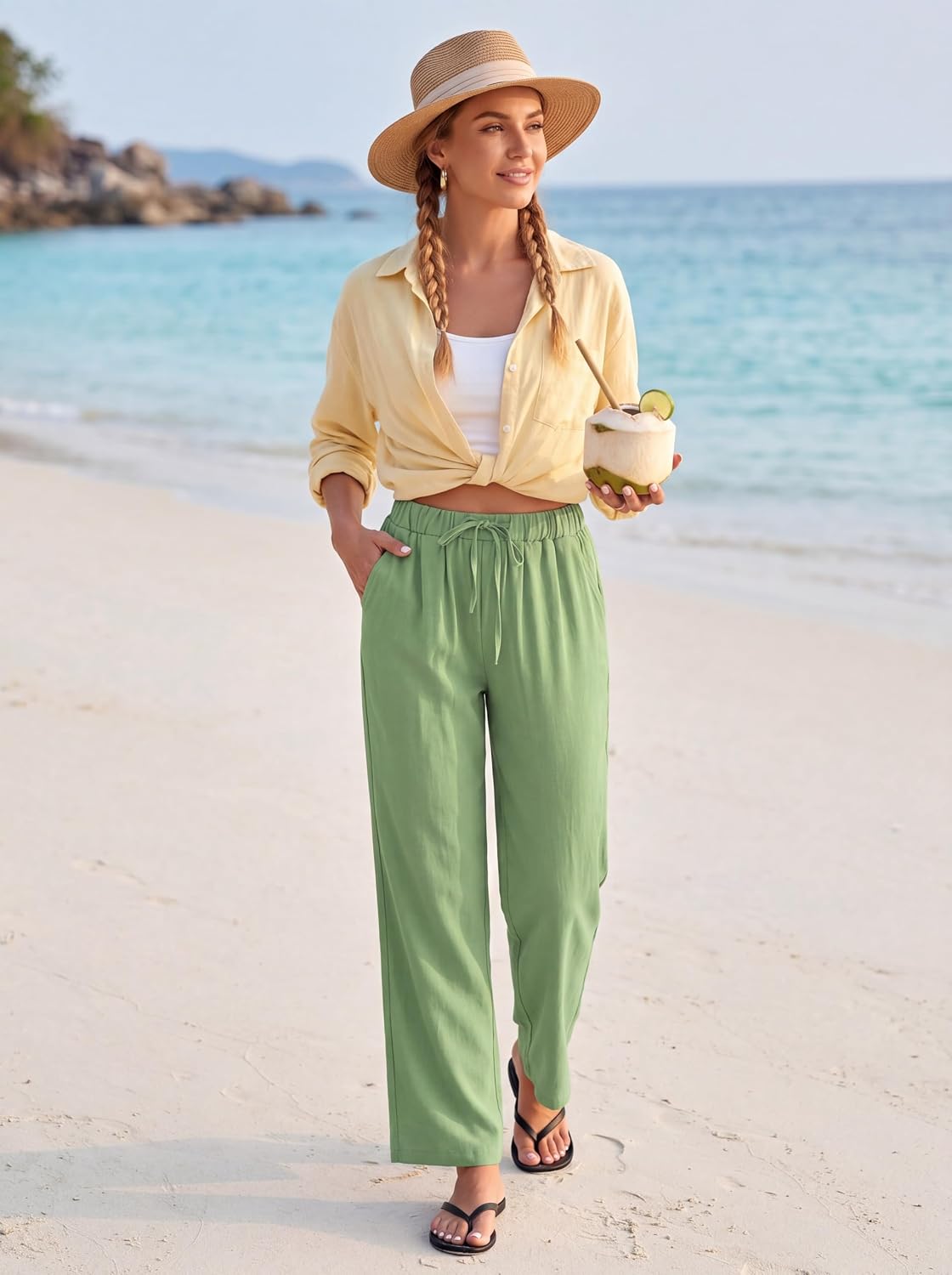 Womens Casual Pants Drawstring Elastic High Waisted Fit Straight Summer Beach Dress Trousers
