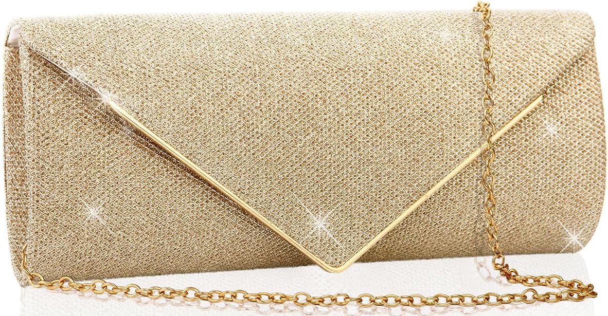 Women's Gold Glitter Envelope Clutch with Detachable Chain