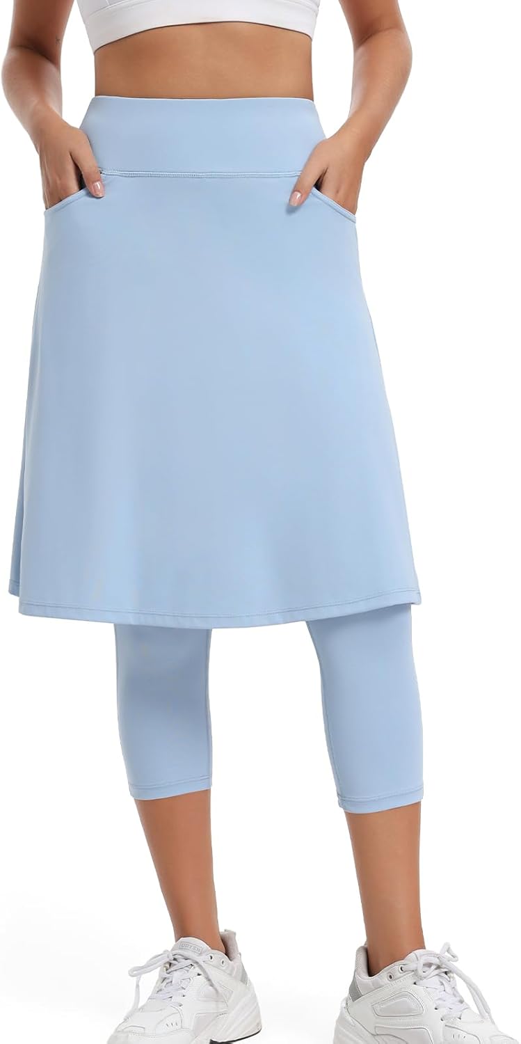 Women Athletic Knee Length Skirts with Leggings Yoga Skorts Leggings Arc-Shaped Pockets&Women Skirted Capris Skorts