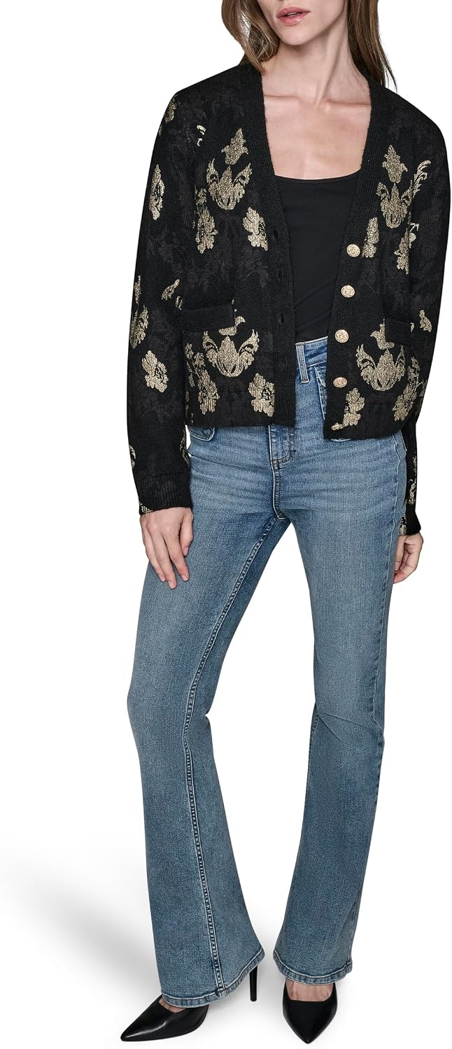 Women's Damask Print V Neck Button Front Cardigan