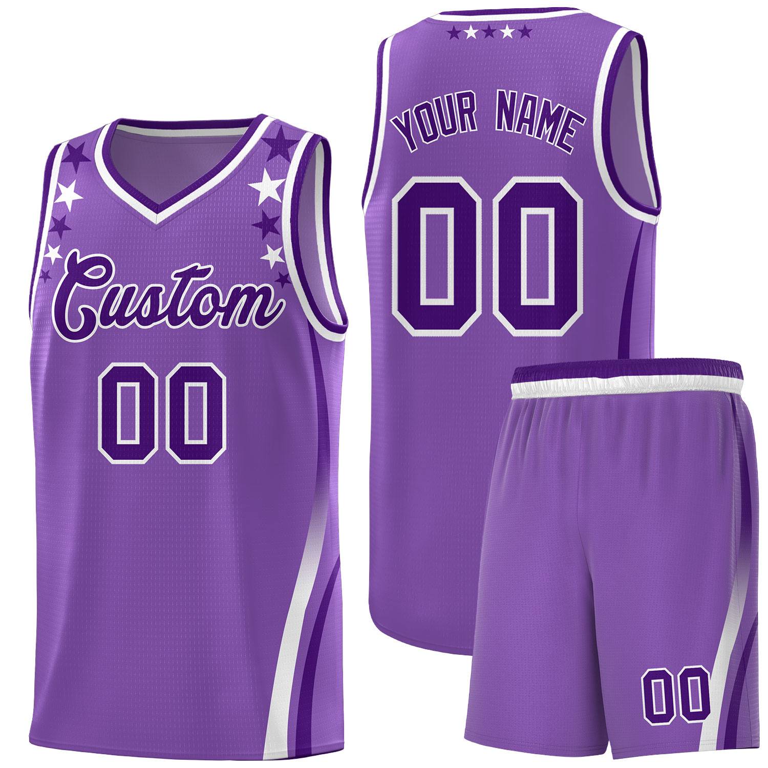 Benutzerdefinierte hellviolette Schultern, Sternmuster, seitlicher Farbblock, Sportuniform-Basketballtrikot