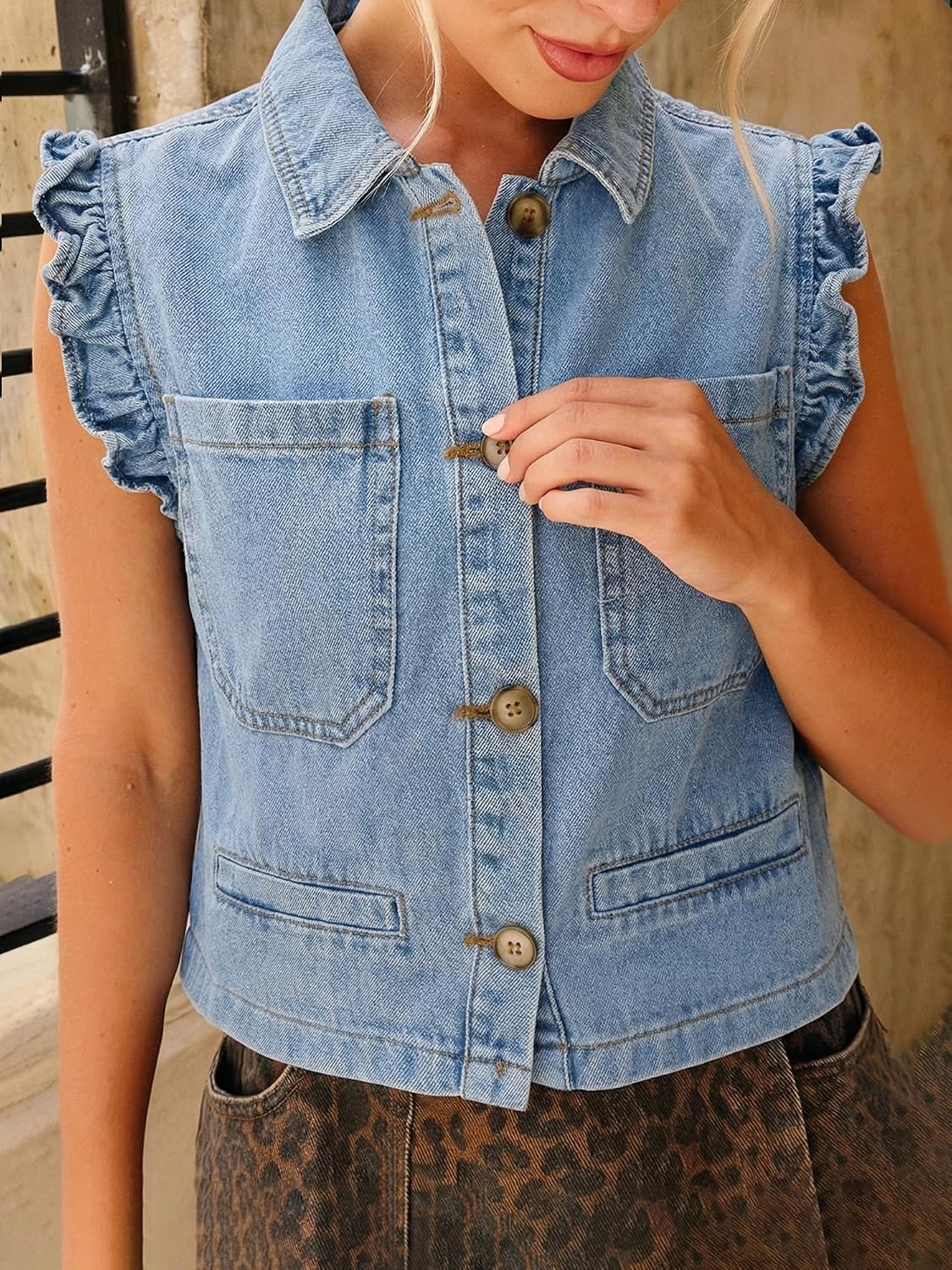 Women's Ruffle Denim Vest Button Front Cropped Jean Jacket