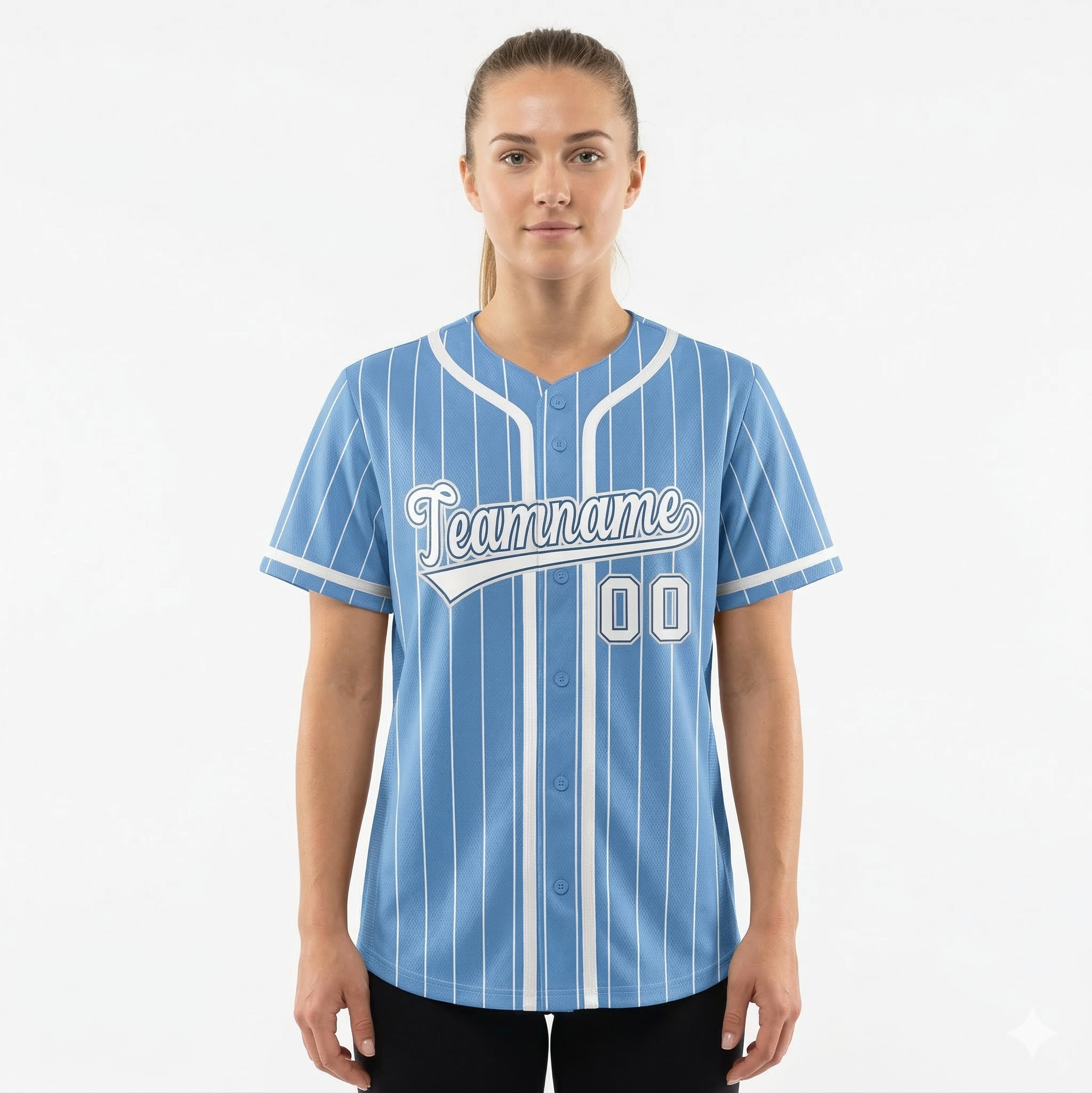Benutzerdefiniertes, hellblau-weißes Streifen-Modedesign mit durchgehendem Knopf, authentisches Baseball-Trikot für Damen