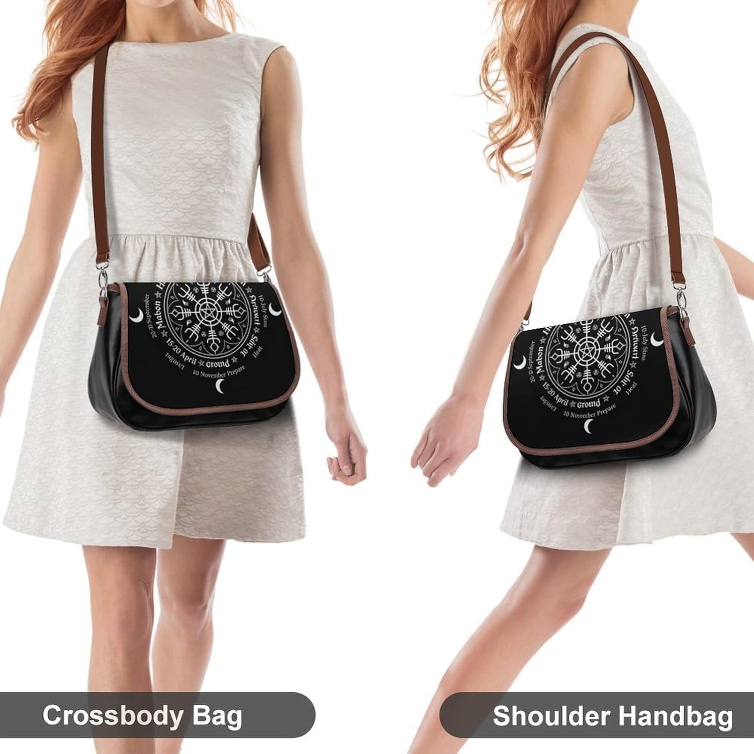 Women's Moon Phase Print Flap Crossbody Shoulder Bag Black Women's Moon Phase Print Flap Crossbody Shoulder Bag Black