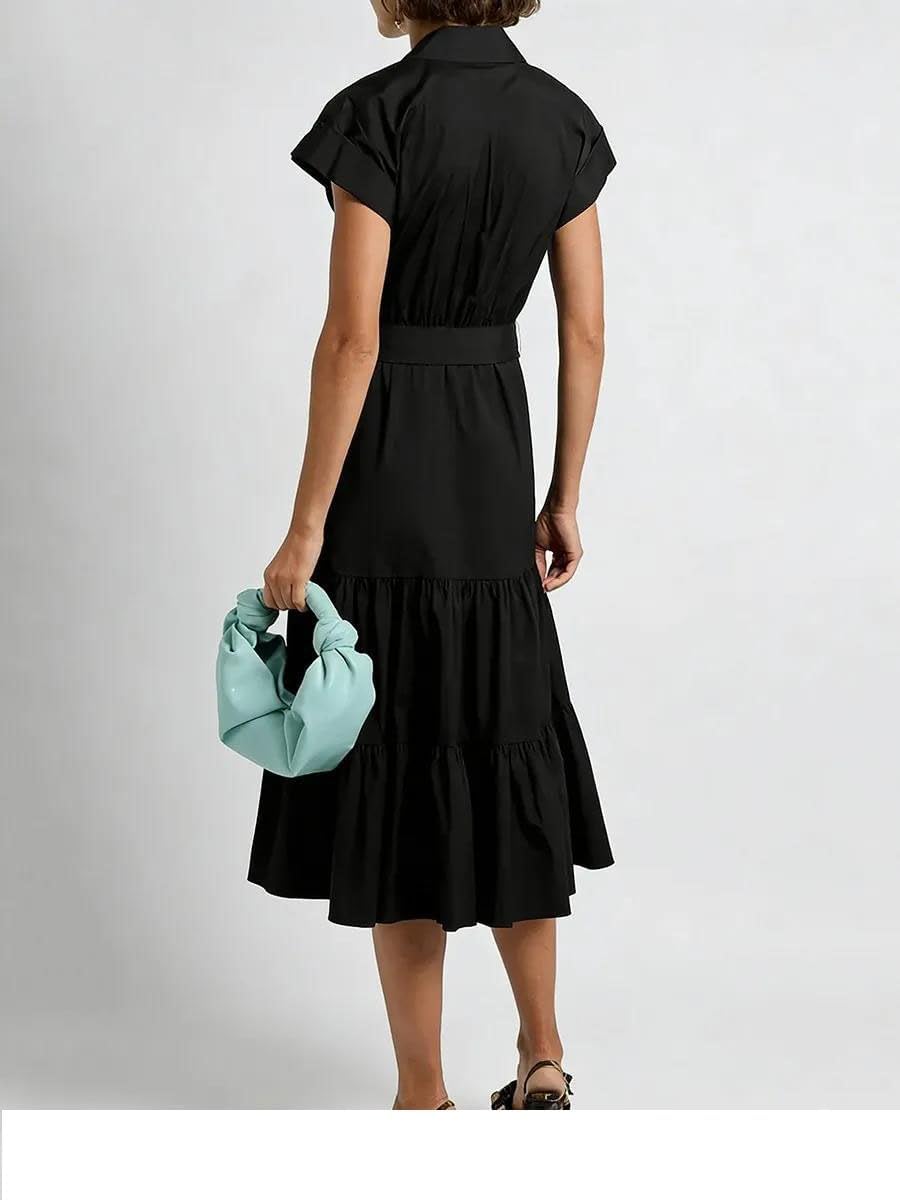 Women's Belted Shirt Midi Dress Collared Short Sleeve Black