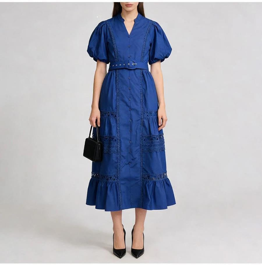 Women's Belted Lace Trim Maxi Dress Puff Sleeve Pink
