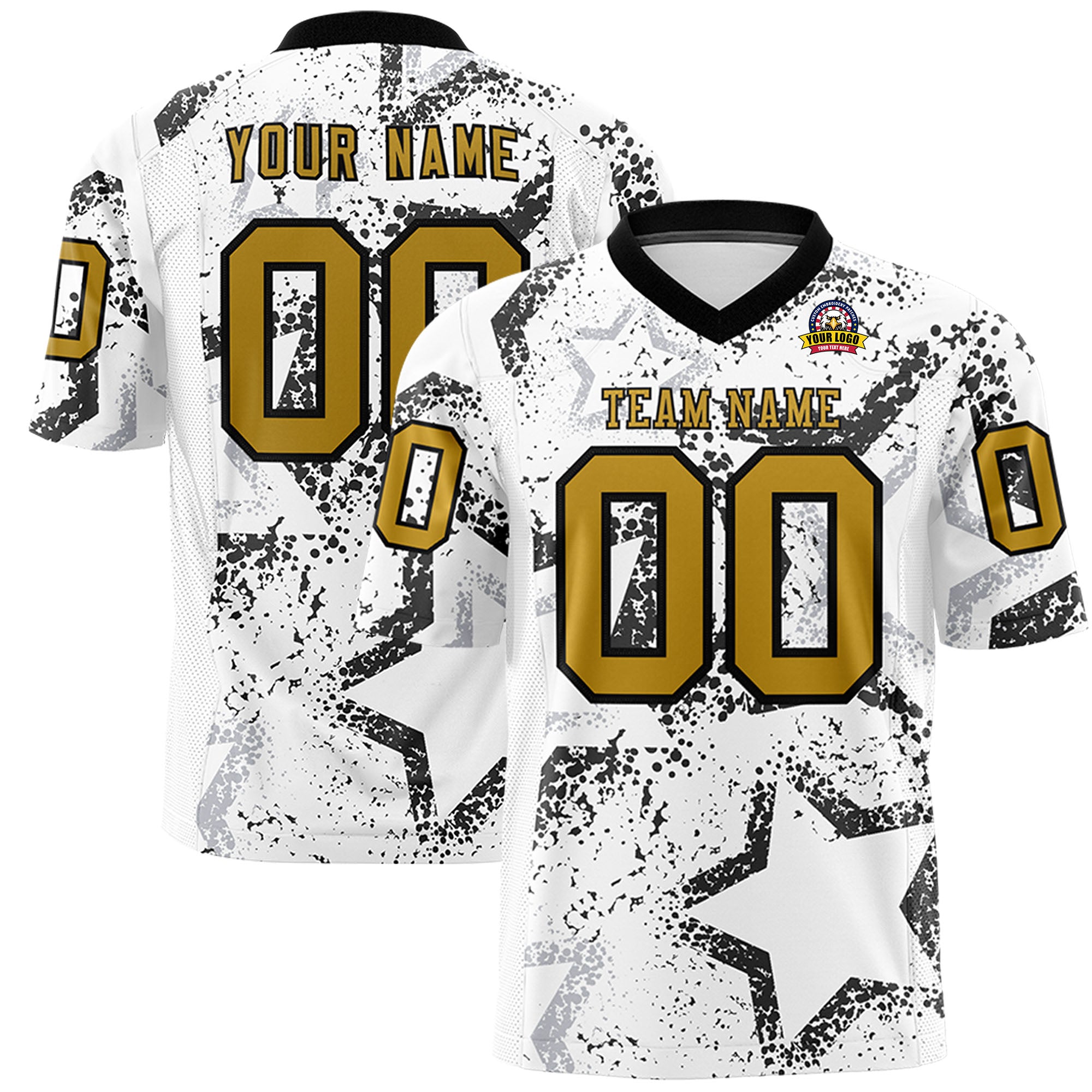 Benutzerdefiniertes, personalisiertes Star-Graffiti-Muster in Weiß, Schwarz und Altgold, authentisches Fußballtrikot