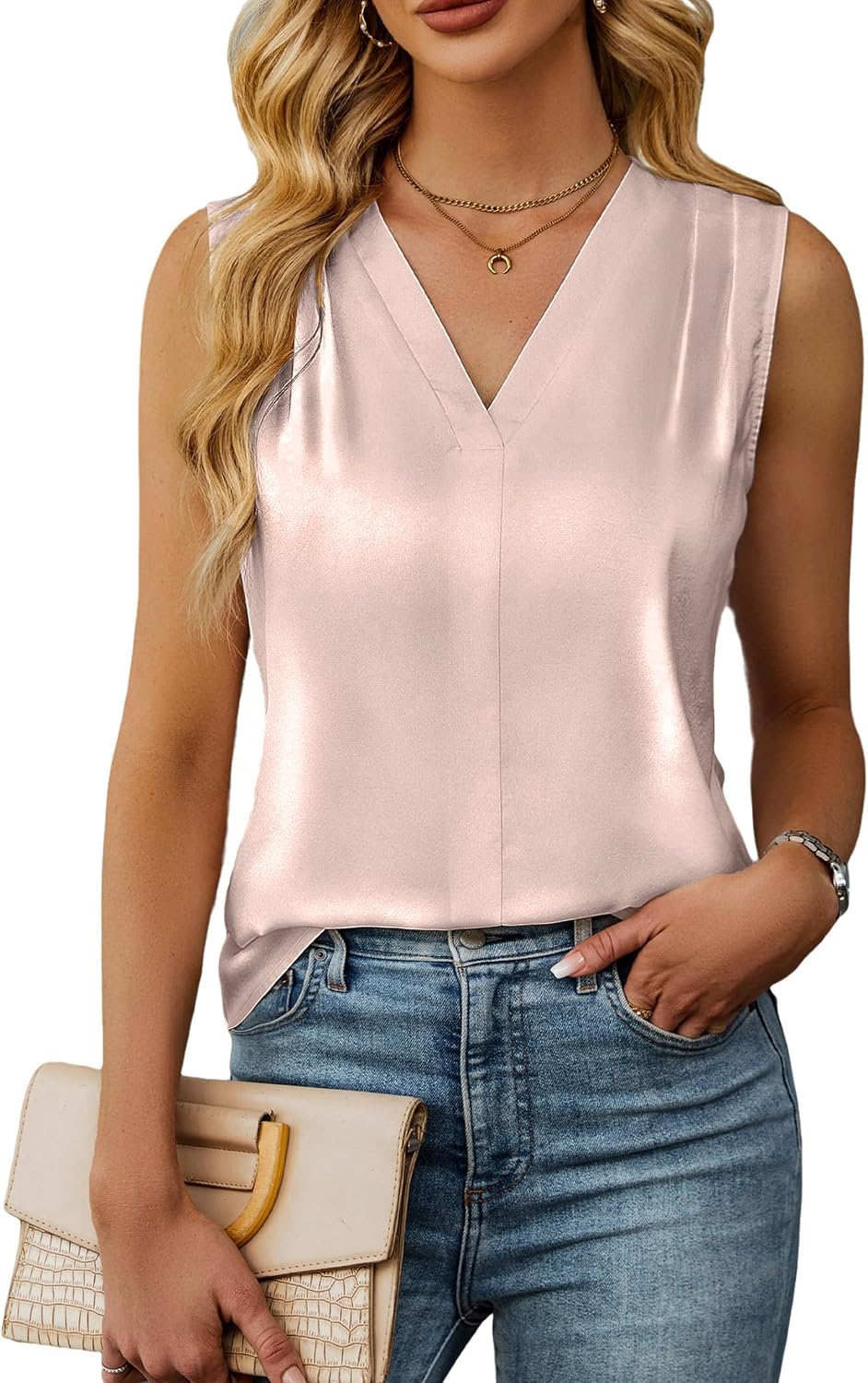 Women's Pink Satin V Neck Pleated Tank Top