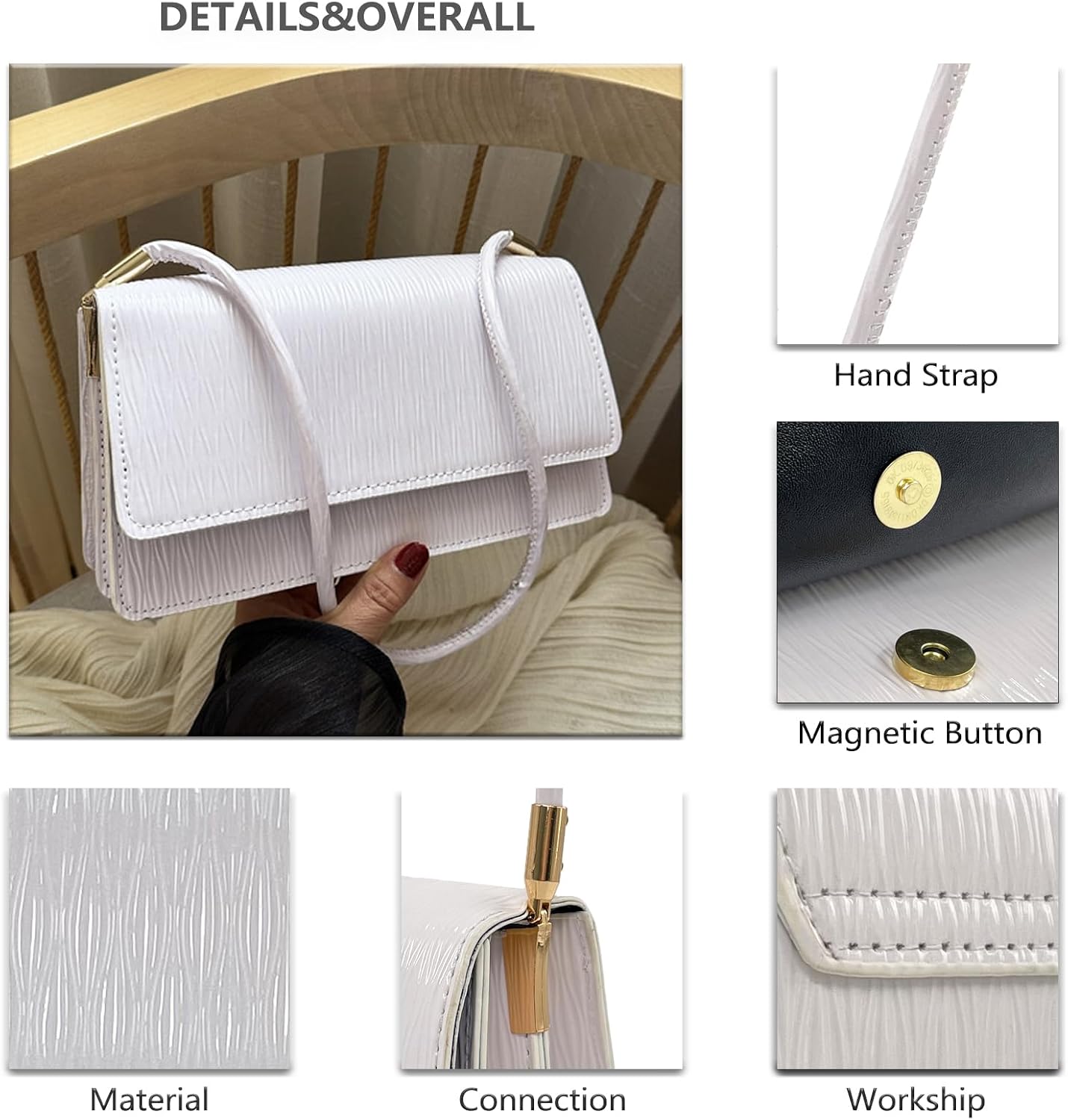 Women's Textured Flap Shoulder Bag Small Crossbody Purse White