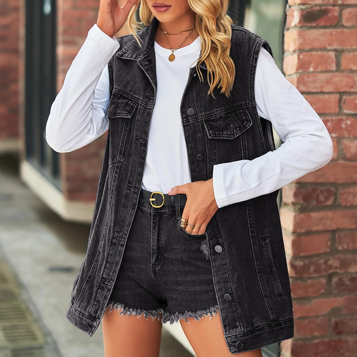 Women's Washed Black Denim Vest Oversized Button Down