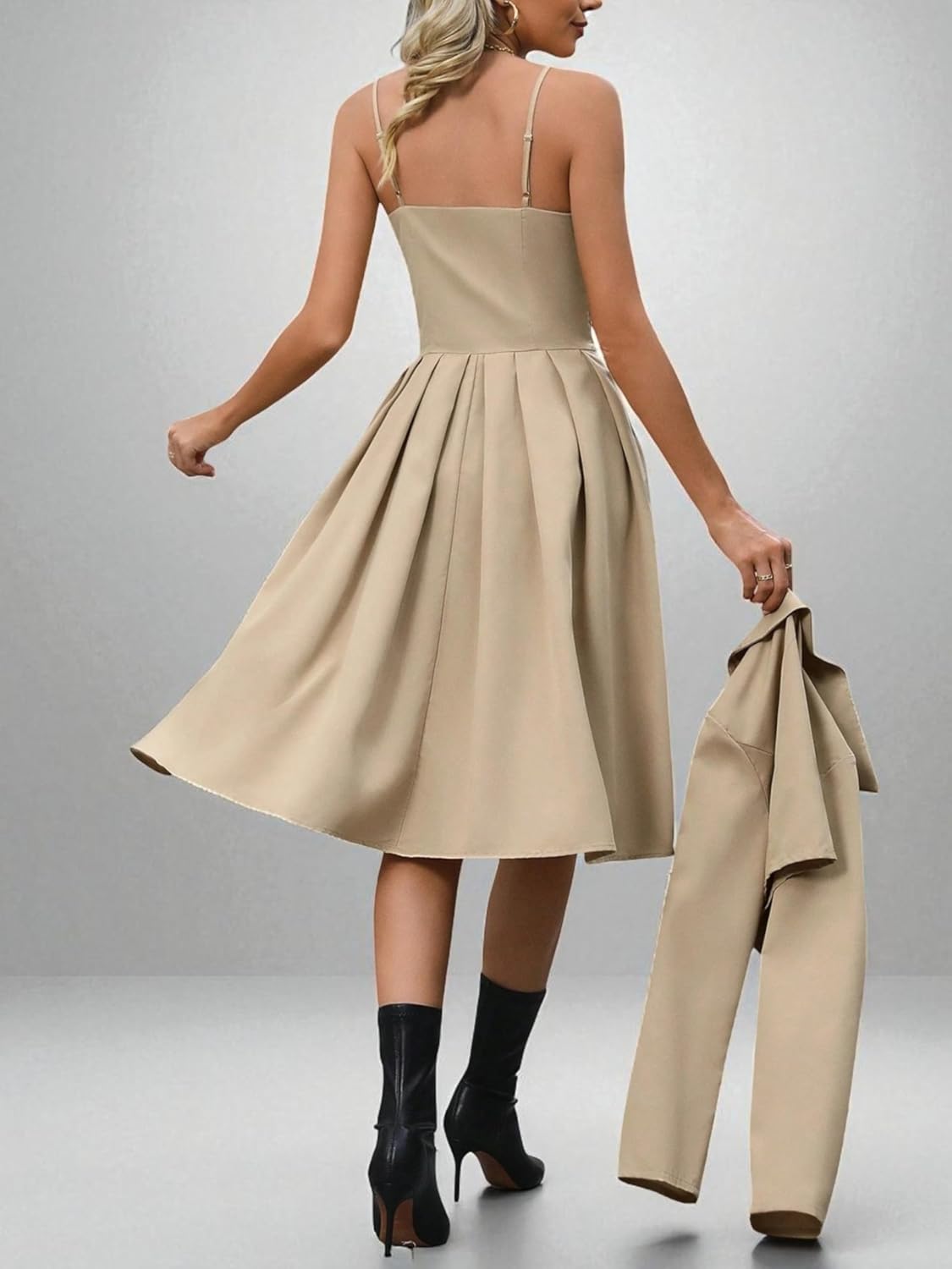 Women's Blazer Dress 2-Piece Set Pleated Square Neck Khaki Women's Blazer Dress 2-Piece Set Pleated Square Neck Khaki