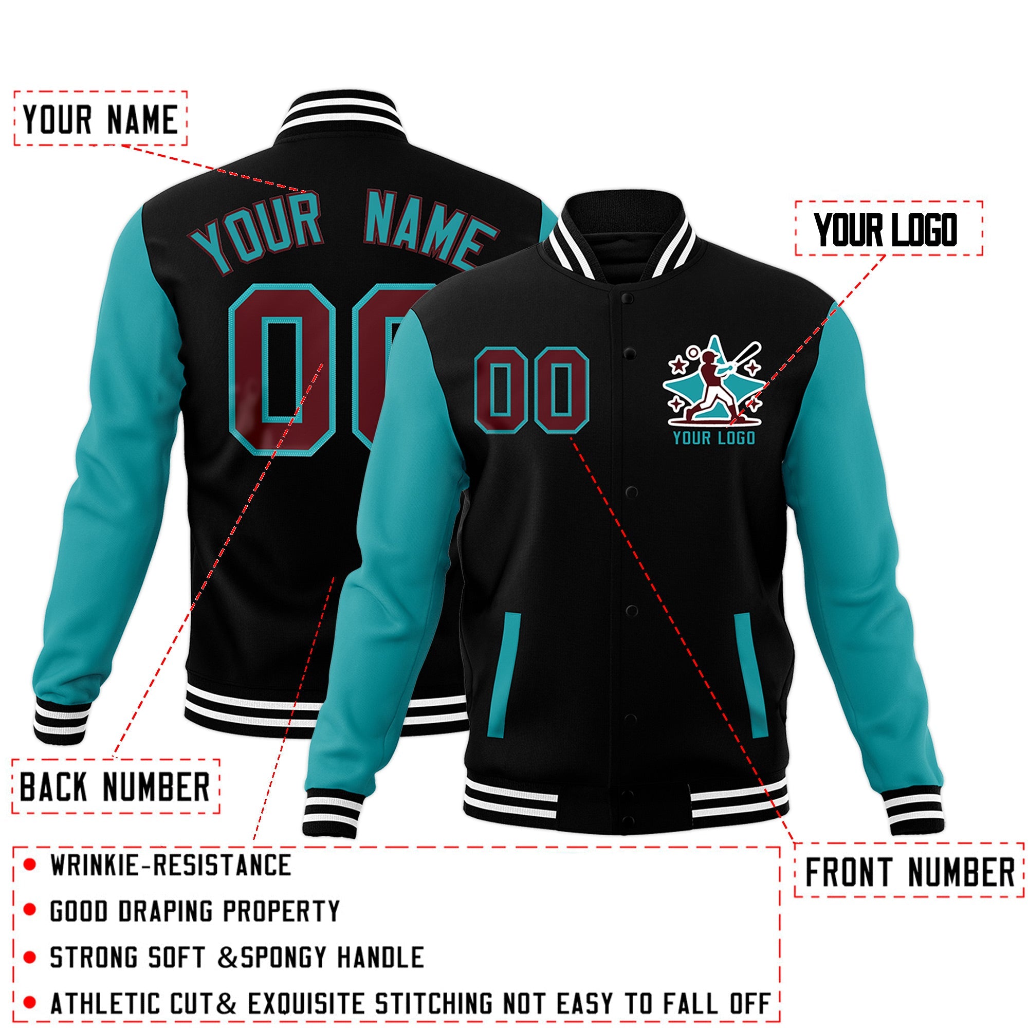 Custom Raglan Sleeves Full-Snap Letterman Cotton Fabric Jacket Custom Raglan Sleeves Full-Snap Letterman Cotton Fabric Jacket