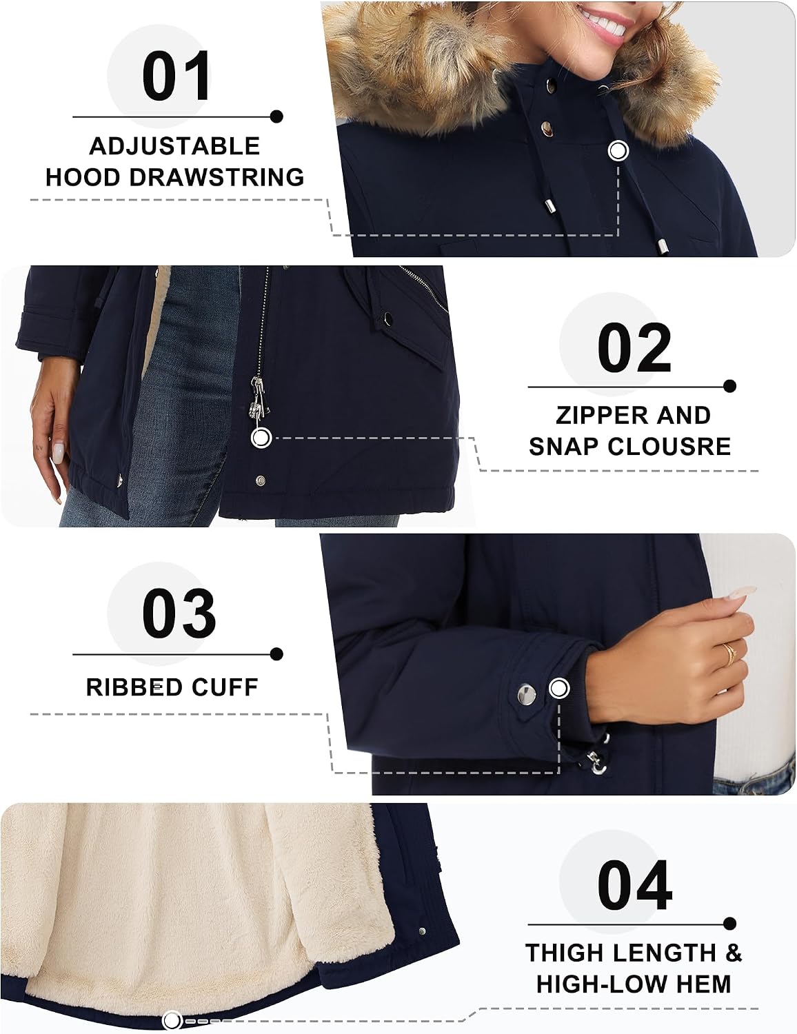 Women's Sherpa Lined Parka Coat Faux Fur Hood Navy