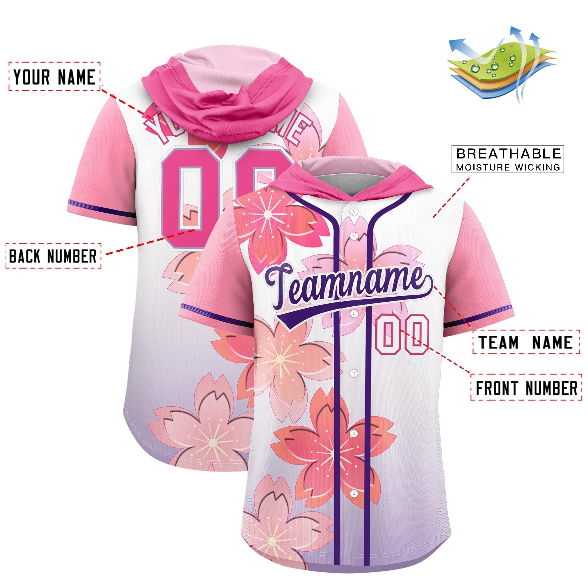 Benutzerdefiniertes Kirschblüten-Raglanärmel-atmungsaktives Baseball-Kapuzentrikot Benutzerdefiniertes Kirschblüten-Raglanärmel-atmungsaktives Baseball-Kapuzentrikot