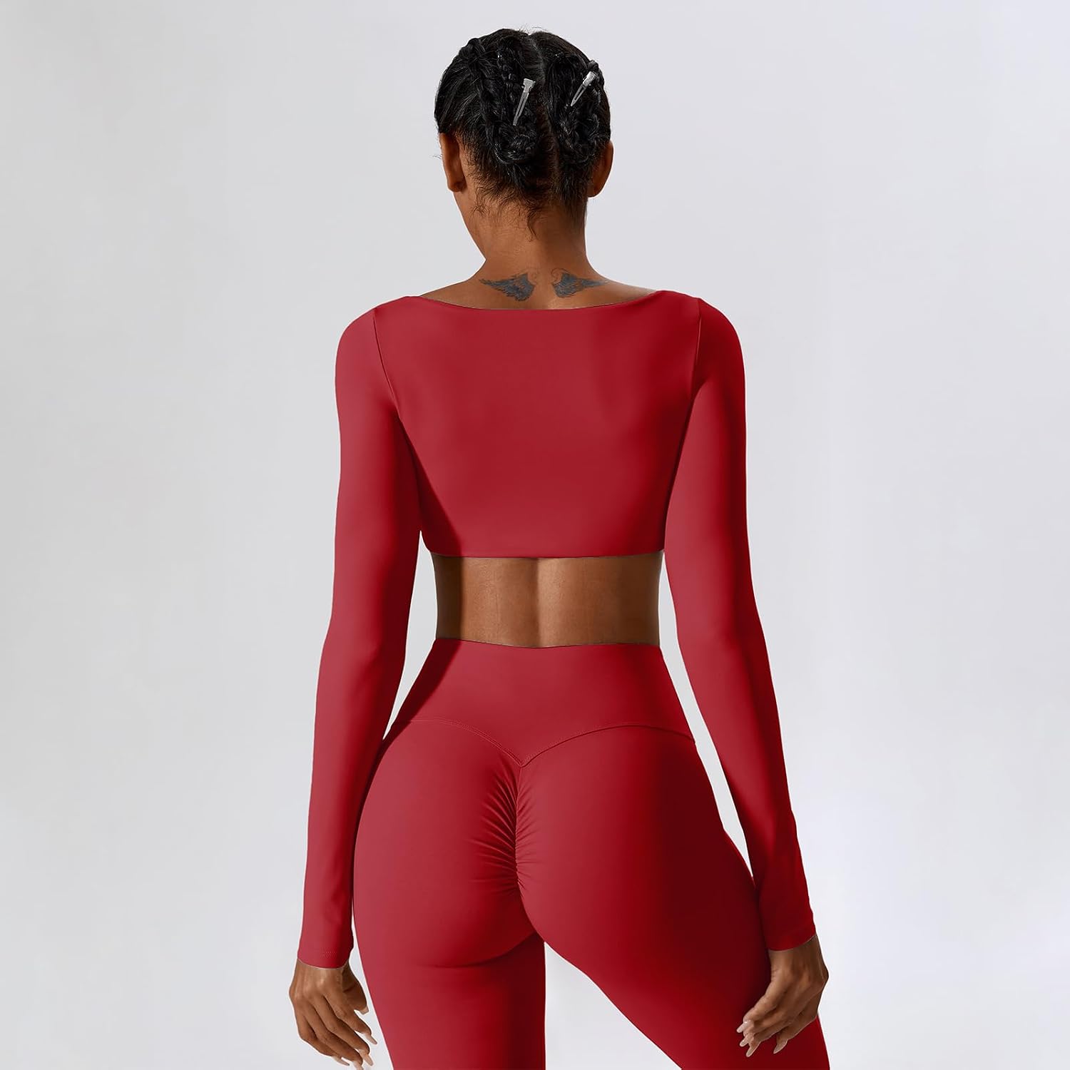 Women's Square Neck Crop Top Flare Leggings Set Red Women's Square Neck Crop Top Flare Leggings Set Red