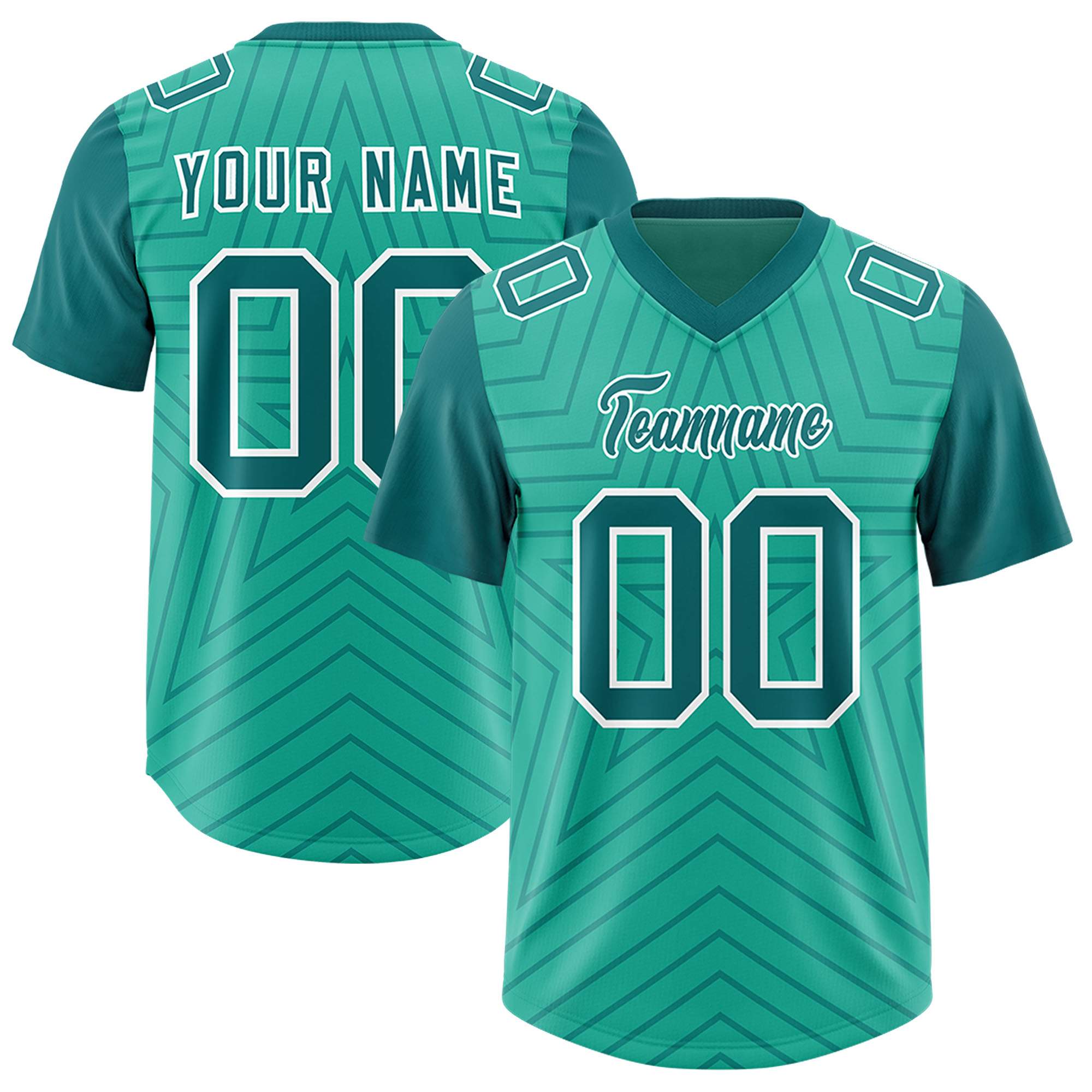 Benutzerdefinierte leuchtend grüne Aqua personalisierte Sternmuster Raglanärmel authentisches Fußballtrikot