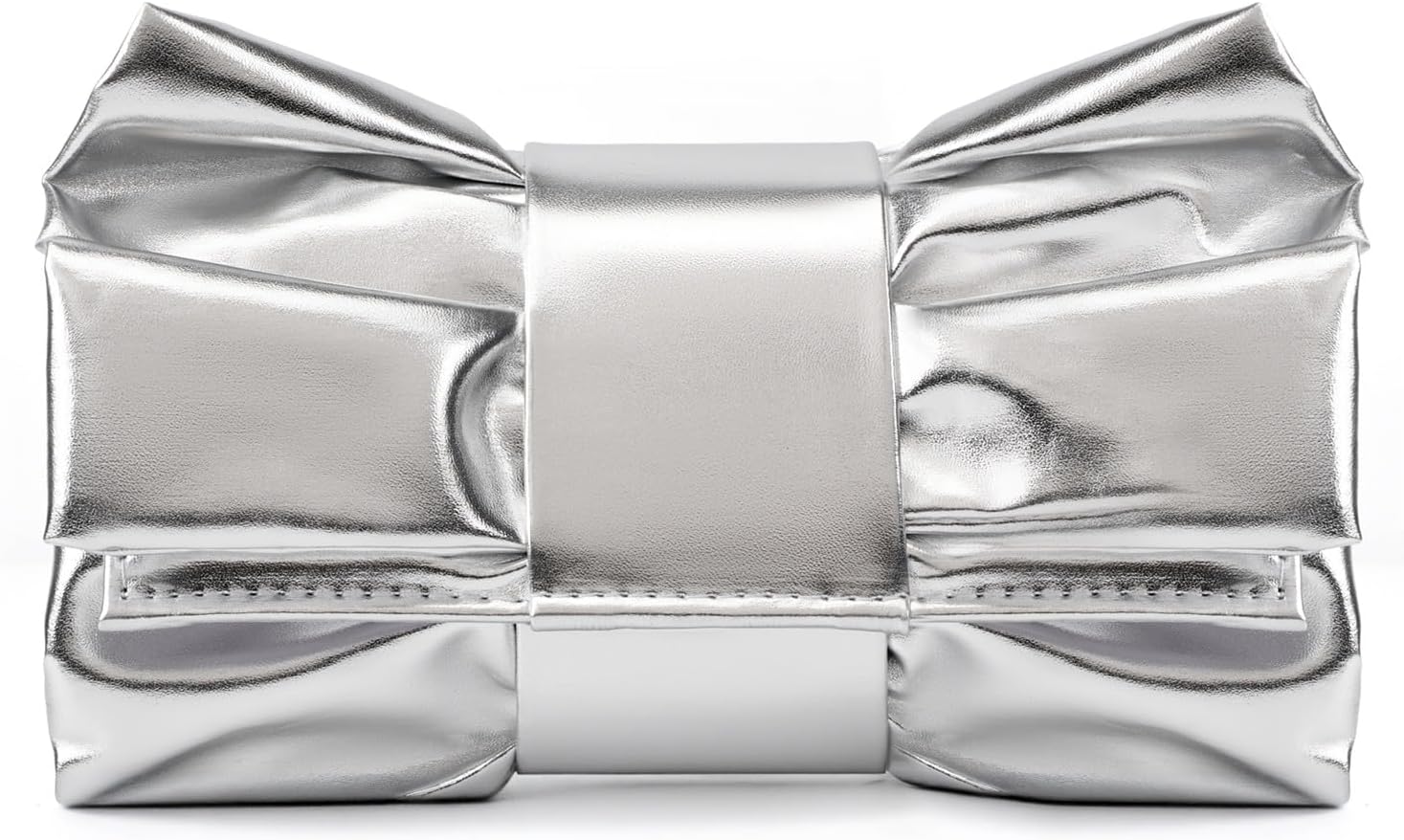 Women's Metallic Bow Clutch Silver Evening Bag with Chain