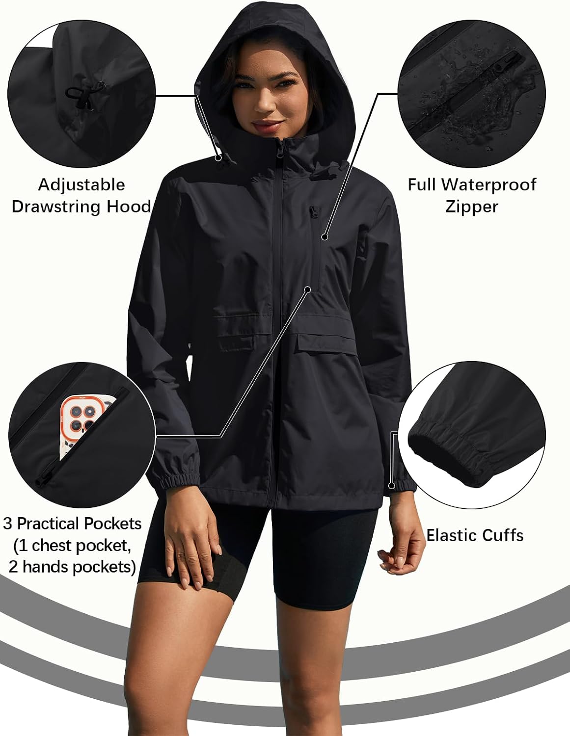 Women's Packable Rain Jacket Waterproof Hooded Black