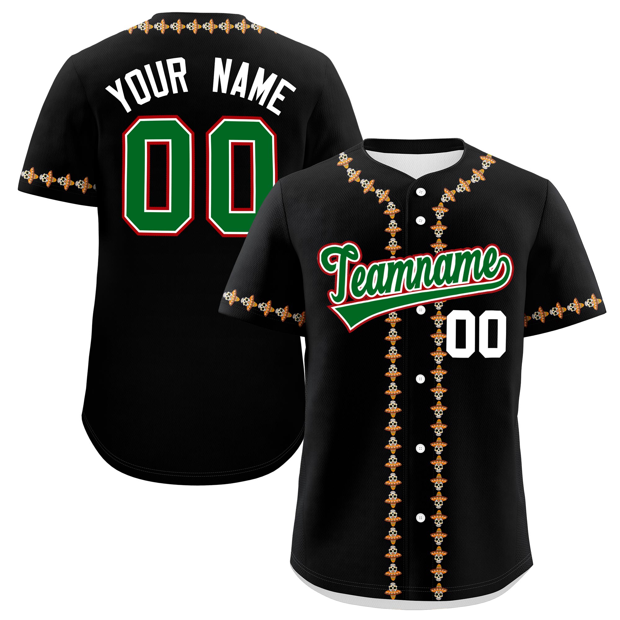 Benutzerdefiniertes Baseball-Trikot aus Stretchstoff mit Graffiti-Muster im mexikanischen Stil Benutzerdefiniertes Baseball-Trikot aus Stretchstoff mit Graffiti-Muster im mexikanischen Stil