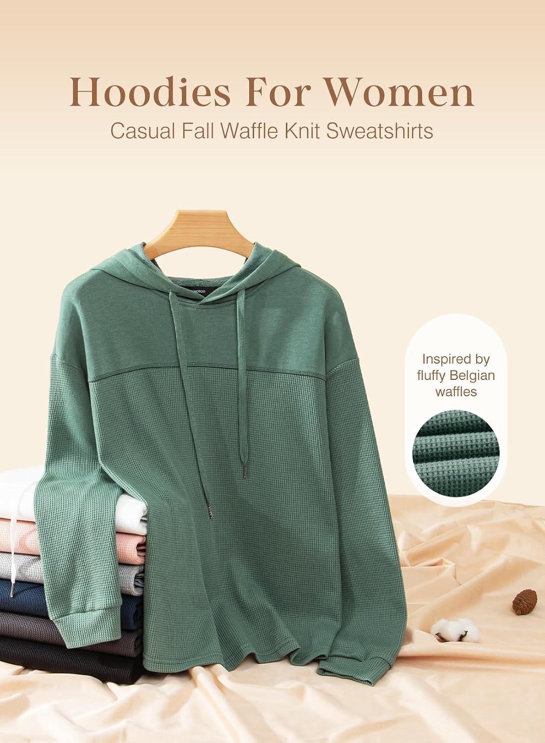 Womens Hoodies Casual Waffle Knit Long Sleeve Drawstring Pullover Sweatshirts Hooded Tops