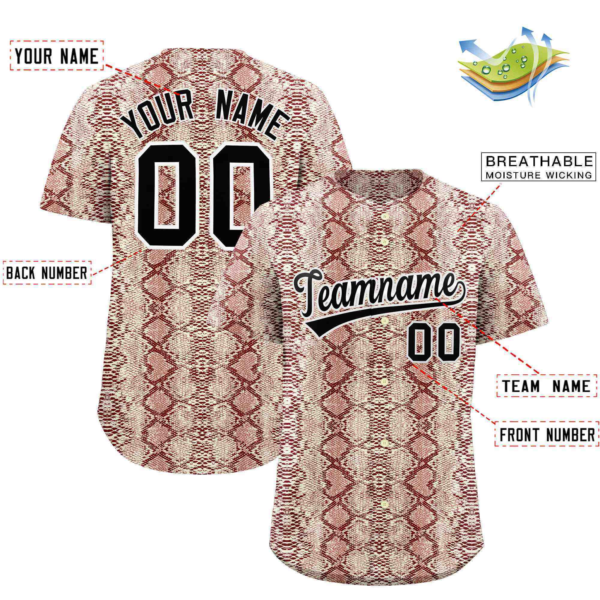 Benutzerdefiniertes authentisches Baseball-Trikot mit mehrfarbigem Schlangenledermuster