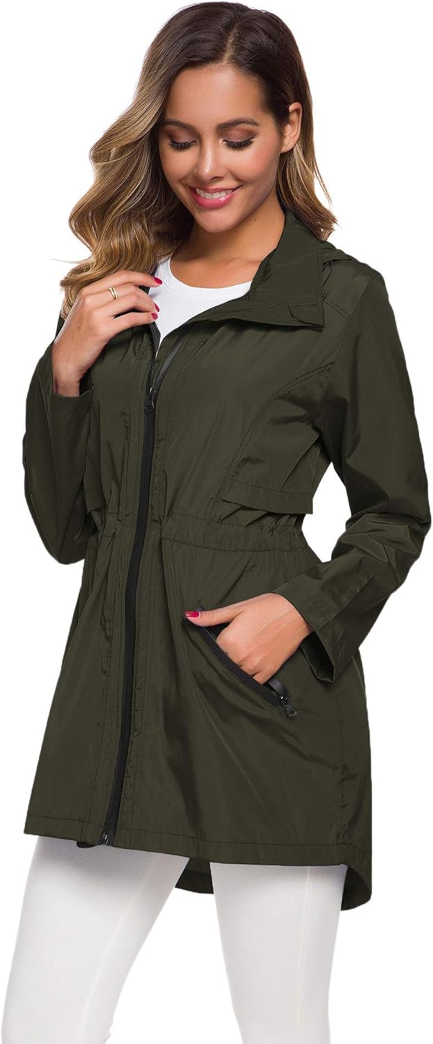 Women's Packable Long Rain Jacket Hooded Waterproof Army Green