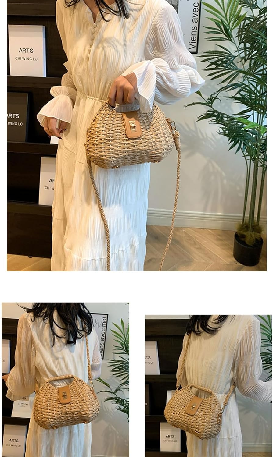 Women's Straw Woven Tote Bag Beige