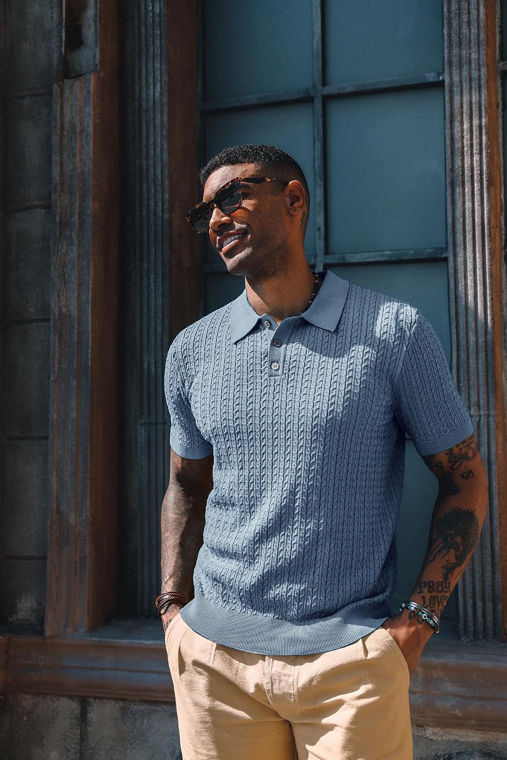 Men's Cable Knit Polo Shirt Short Sleeve Blue Men's Cable Knit Polo Shirt Short Sleeve Blue